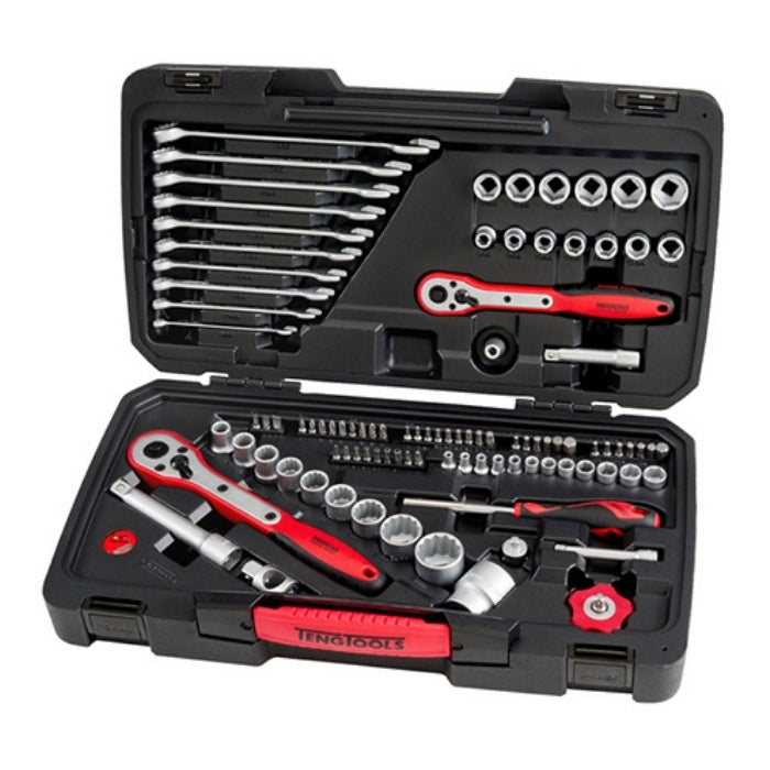 Teng Tools Socket and Spanner Set 98 Pieces with black and red carry case, lid open, on a white background
