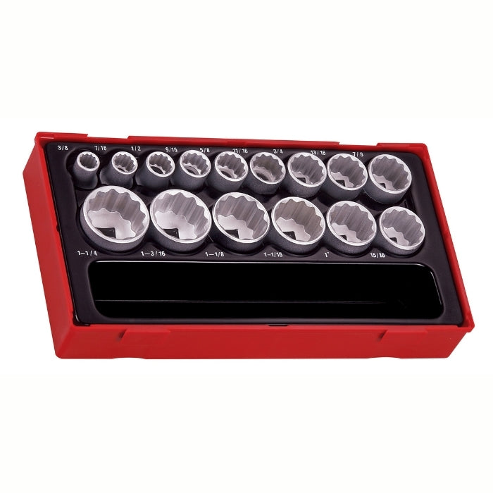 Teng Tools 1/2" Socket Set 12 Point AF 15 Pieces with black and red carry case, on a white background