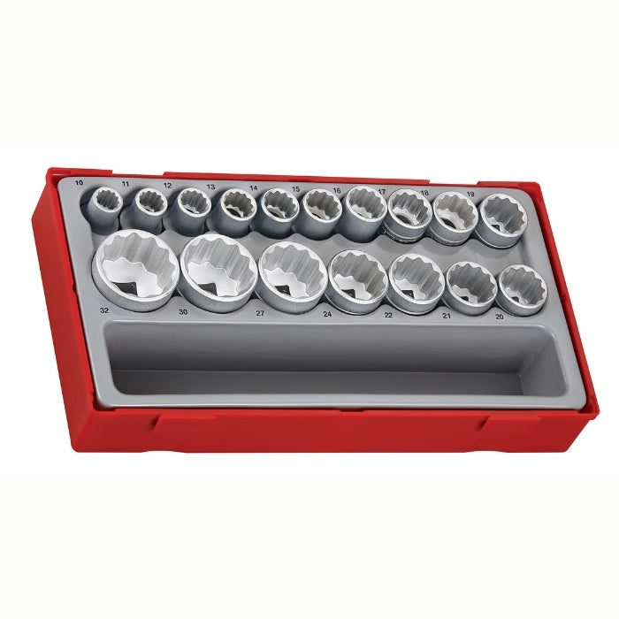 Teng Tools 1/2" Socket Set 12 Point 17 Pieces with grey and red carry case, on a white background