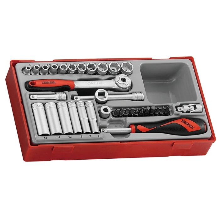 Teng Tools 1/4" Socket Set 6 Point 35 Pieces with grey and red carry case, on a white background