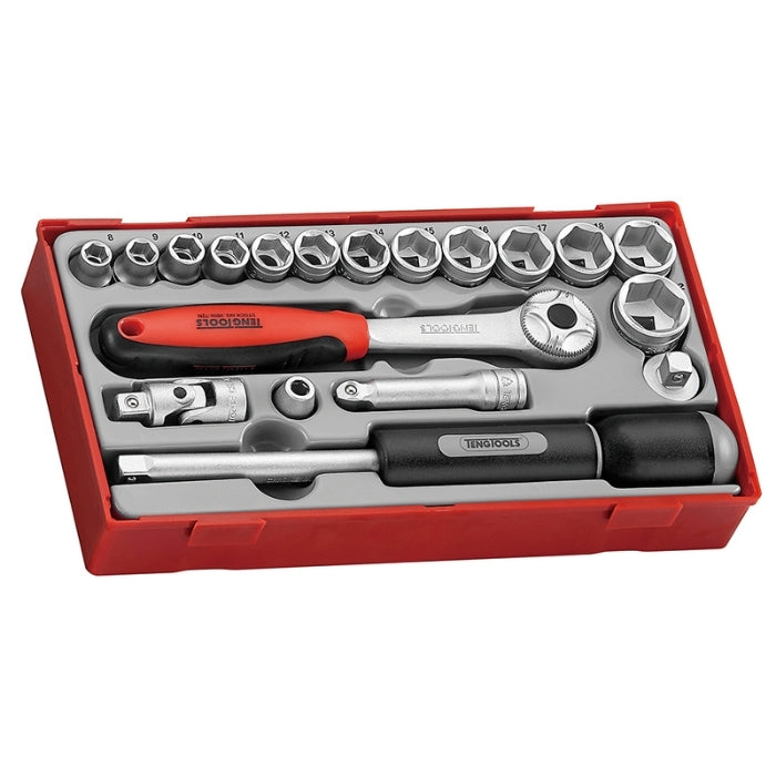 Teng Tools 3/8" Socket Set 6 Point 19 Pieces with grey and red carry case, on a white background