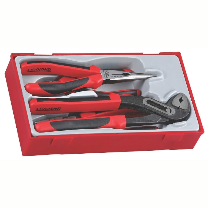 Teng Tools Plier Set 4 Pieces with grey and red carry case, on a white background