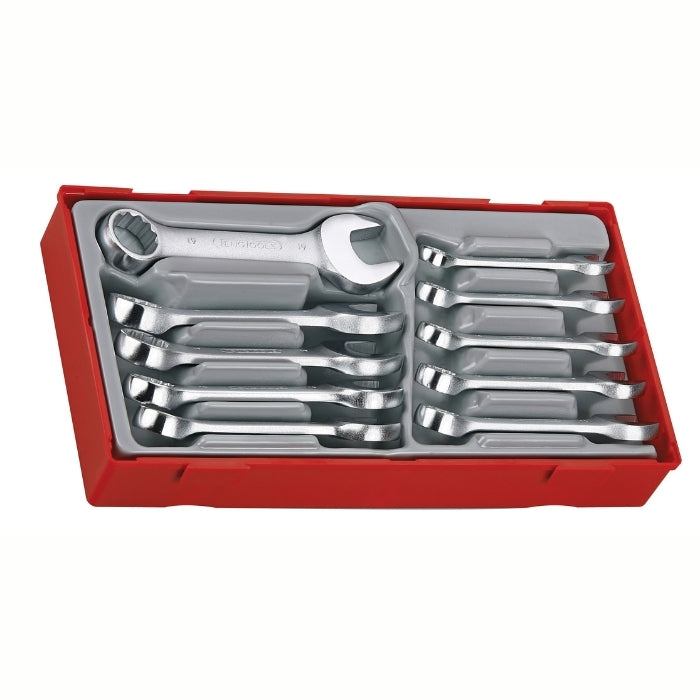 Teng Tools Stubby Combination Spanner Set 10 Pieces with grey and red carry case, on a white background