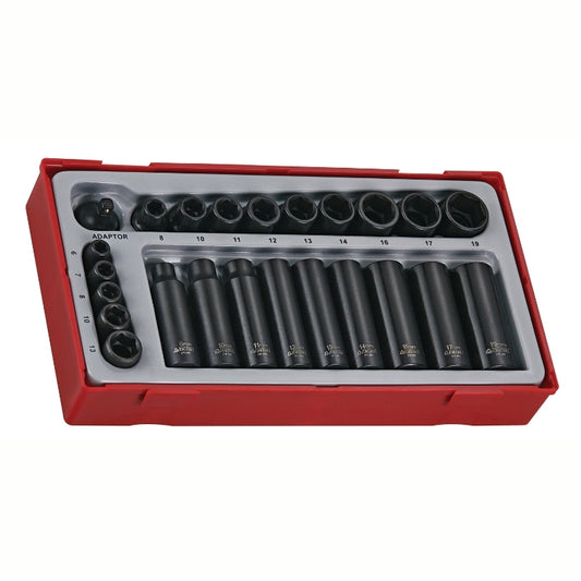 Teng Tools ⅜" Impact Socket 24 Piece Set with grey and red carry case, on a white background