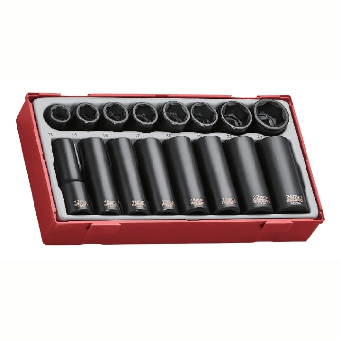 Teng Tools 1/2" Impact Socket Set 16 Pieces with grey and red carry case, on a white background