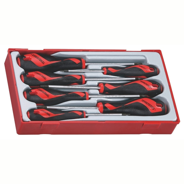 Black and Red Teng Tools Screwdriver Set Pieces with grey and red carry case, on a white background