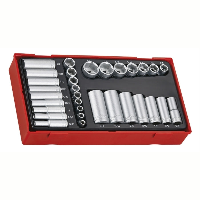 Teng Tools 1/4" & 3/8" Socket Set 6 Point 32 Pieces with grey and red carry case, on a white background