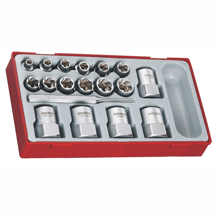 Teng Tools Stud Extractor Set 18 Pieces with grey and red carry case, on a white background