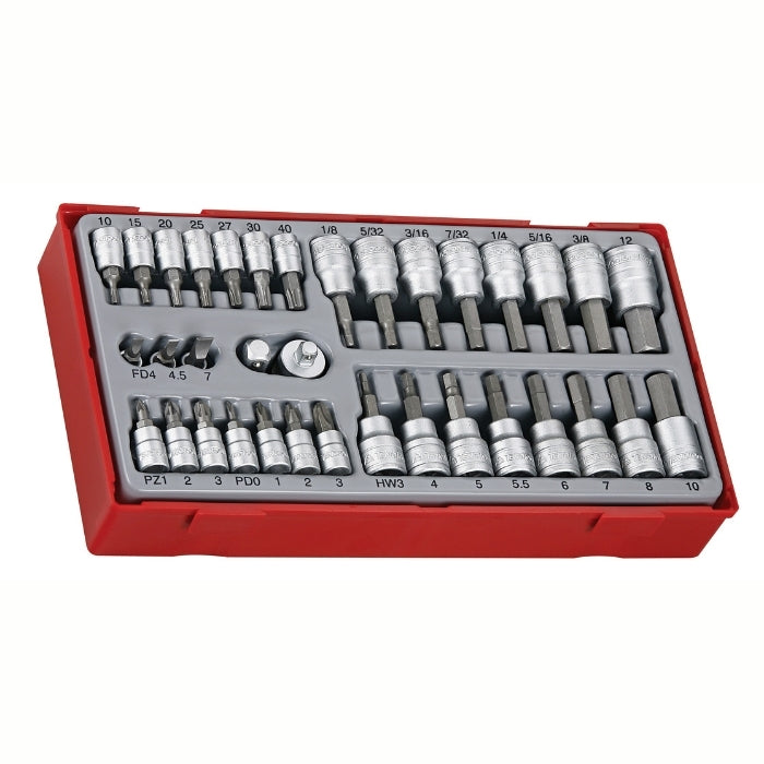 Teng Tools 1/4" & 3/8" Bit Socket Set 35 Pieces with grey and red carry case, on a white background