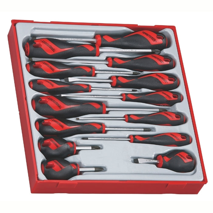 Black and Red Teng Tools Screwdriver Set Mixed 14 Pieces with grey and red carry case, on a white background