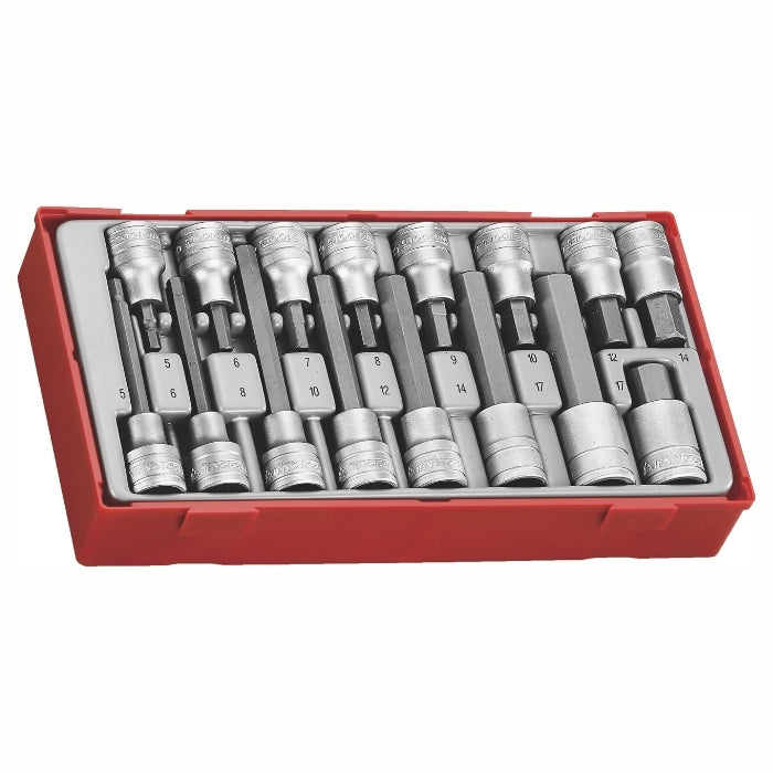 Teng Tools 1/2" Hex Bit Socket Set 16 Pieces with grey and red carry case, on a white background