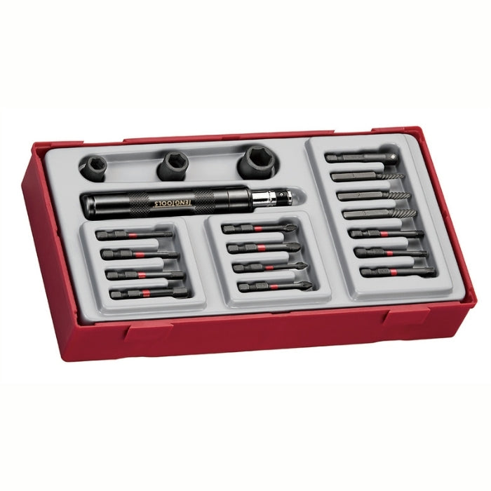 Teng Tools 1/4" Impact Driver Set 19 Pieces with grey and red carry case, on a white background