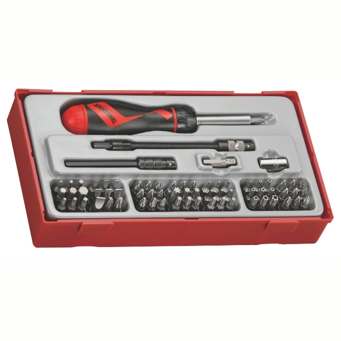 Teng Tools Ratcheting Screwdriver Bit Set 74 Pieces with grey and red carry case, on a white background