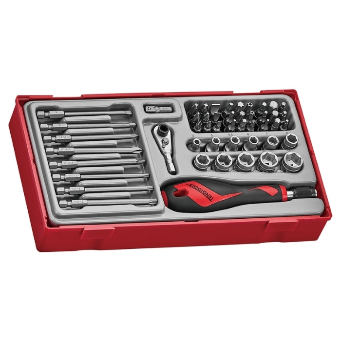 Teng Tools Bits Driver Set 49 Pieces with grey and red carry case, on a white background
