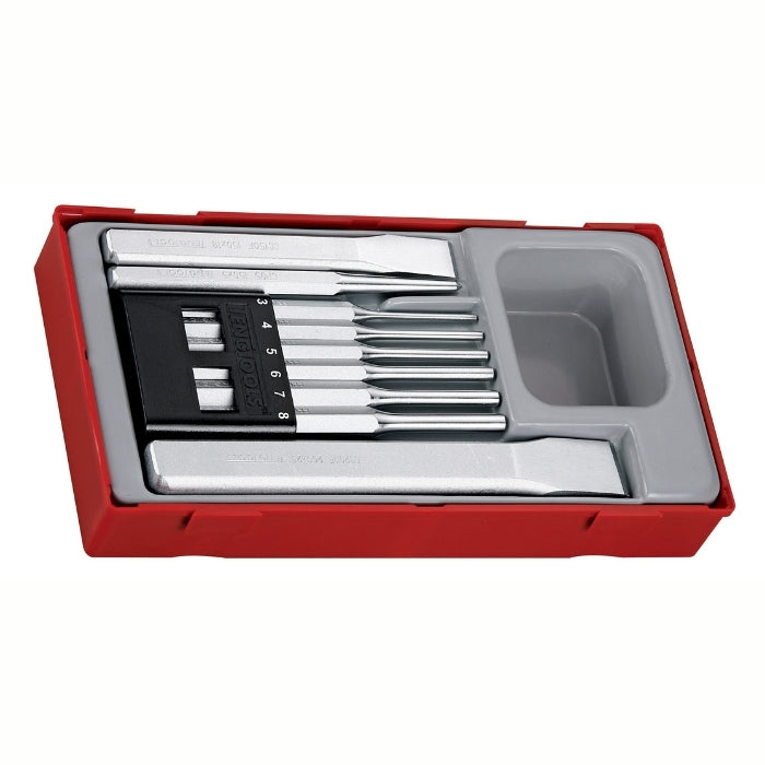 Teng Tools Punch & Chisel Set 9 Pieces with grey and red carry case, on a white background