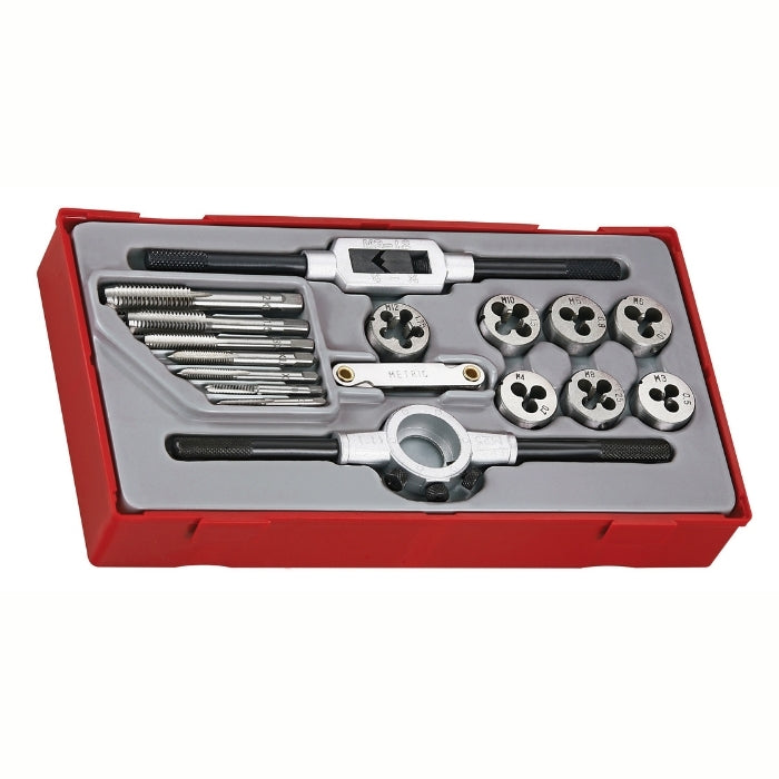 Teng Tools Tap and Die Set 17 Pieces with grey and red carry case, on a white background