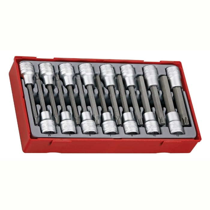 Teng Tools 1/2" Long Hex & TX Bit Socket Set 15 Pieces with grey and red carry case, on a white background