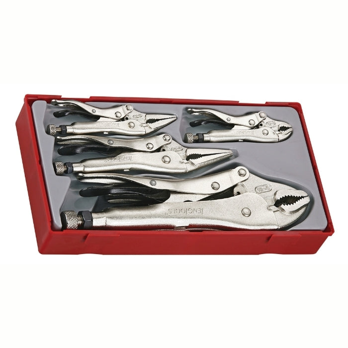 Teng Tools Power Grip Pliers Set 5 Pieces with grey and red carry case, on a white background