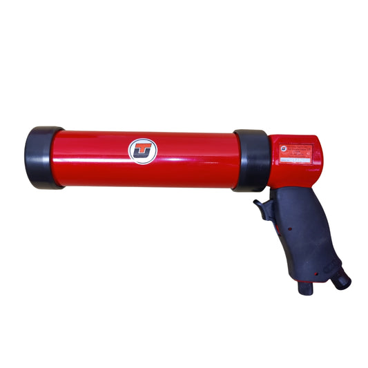 Red and Black Universal Tools caulking gun with long handle and logo on the side, on a white background
