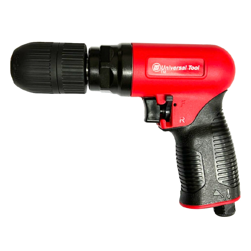 Red and Black Universal Tools Pistol Drill power tool with black handle, logo on the side, on a white background