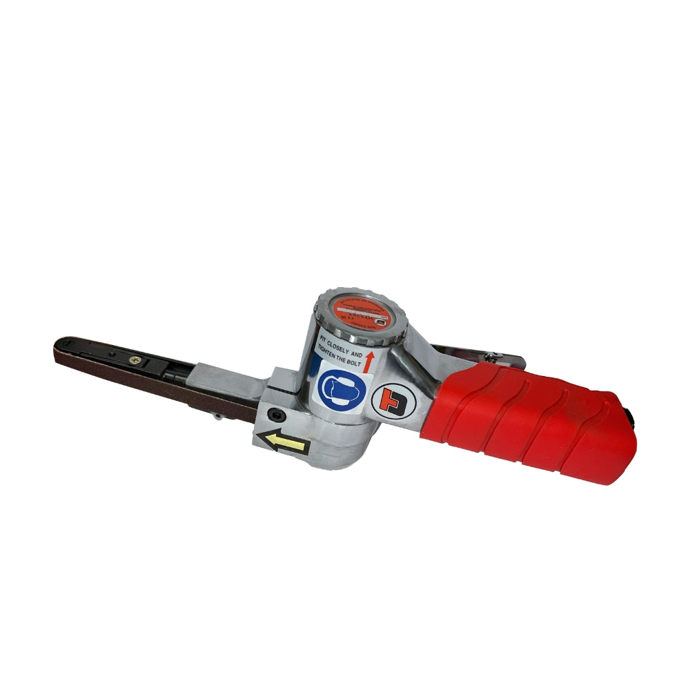 Red and Silver Universal Tools power tool sander, handle is red, logo on the side, tool is on a white background