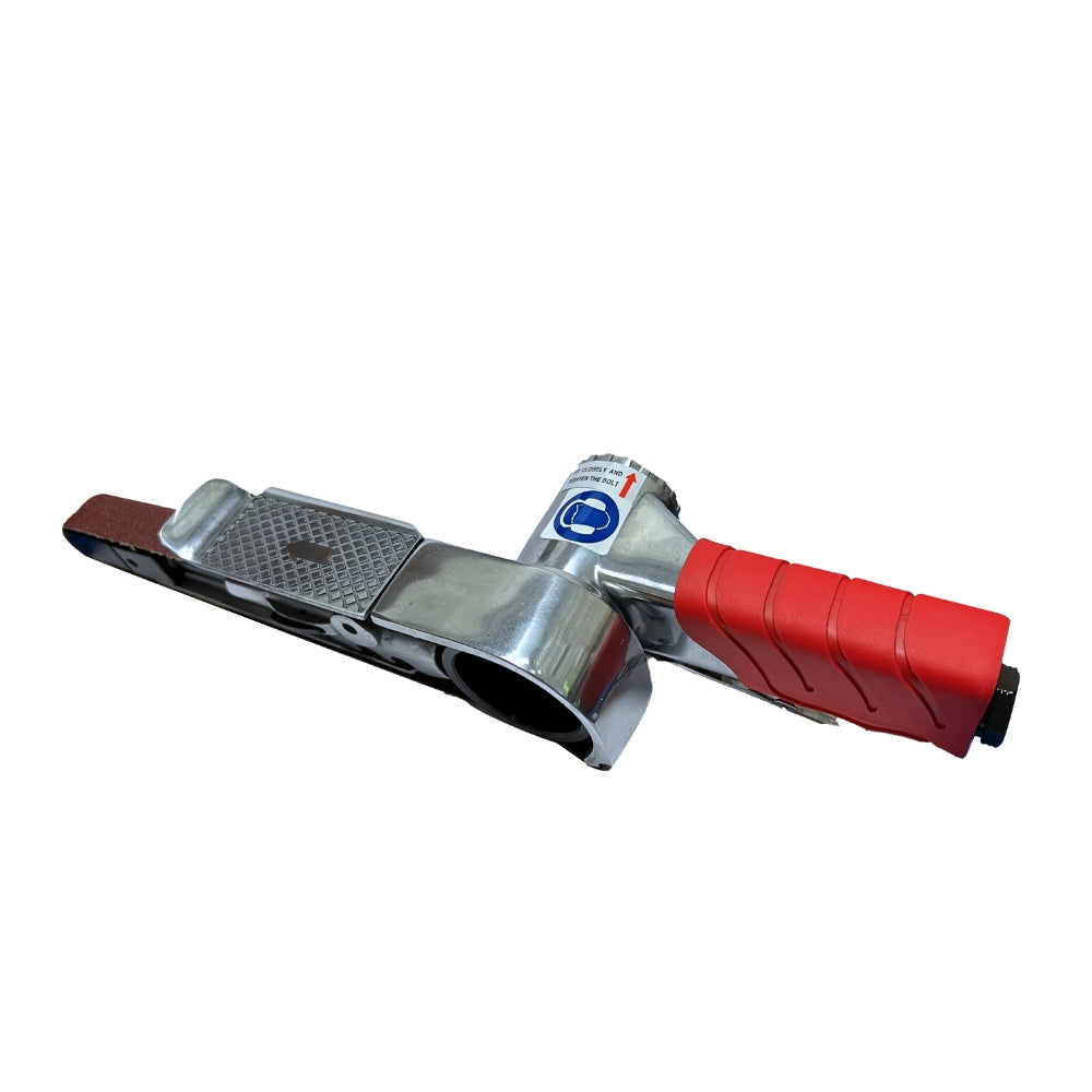 Red and Silver Universal Tools power tool sander, handle is red, tool is on a white background
