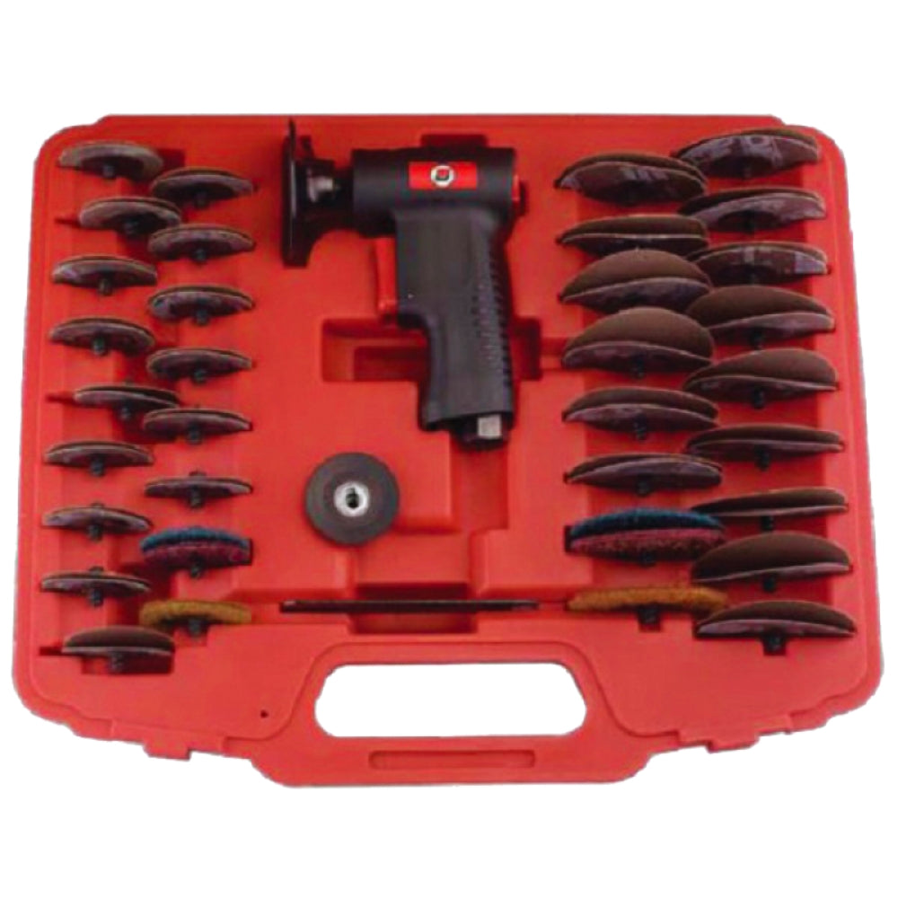 Red Universal Tools Tool Case containing black mini disc sander kit, power tool and sanding discs are pictured, case is on a white background