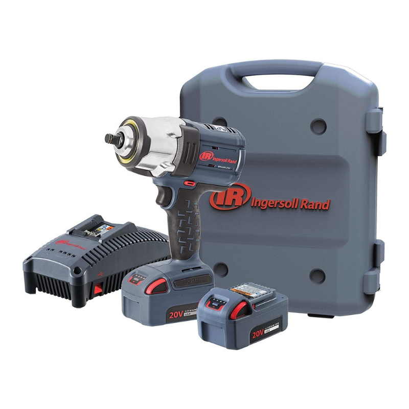 Grey and Silver Ingersoll Rand Compact Impact Tool, with red detailing and logo, with 2x battery pack, charger and carry case on a white background
