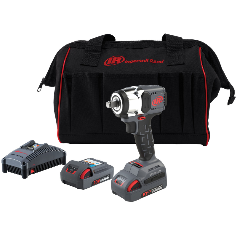 Grey and Silver Ingersoll Rand Compact Impact Tool, with red detailing and logo, with 2x battery pack, charger and carry case on a white background