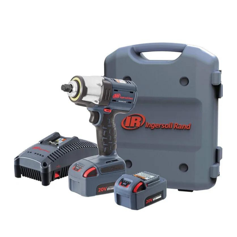Grey and Silver Ingersoll Rand 3/8" Mid Power Impact Tool, with 2x battery pack and charger on white background