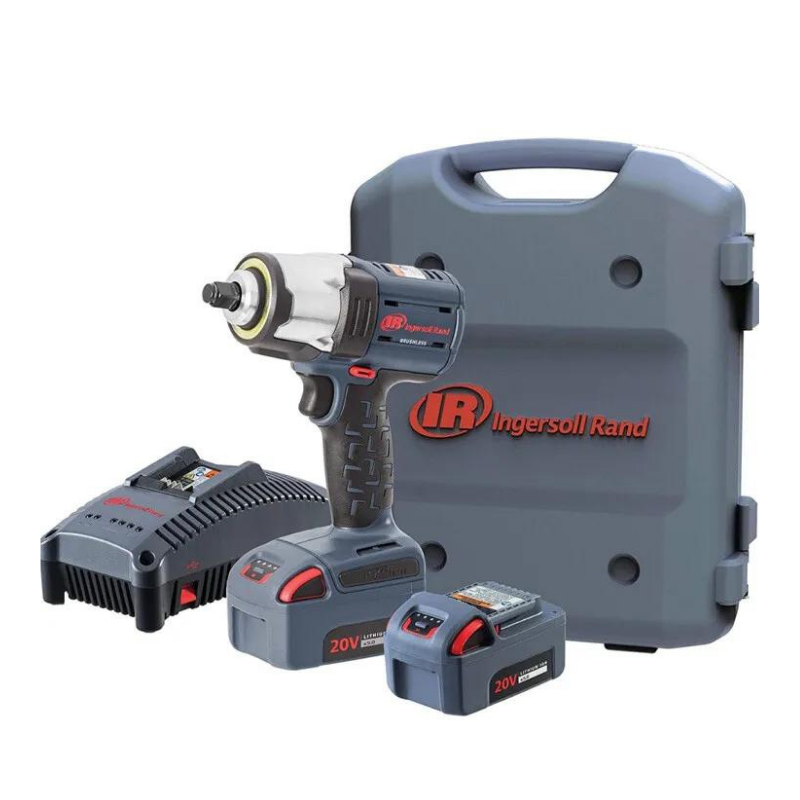 Grey and Silver Ingersoll Rand 1/2" Mid Torque Impact tool, with red detailing and logo on the side, with 2x battery pack and charger on white background