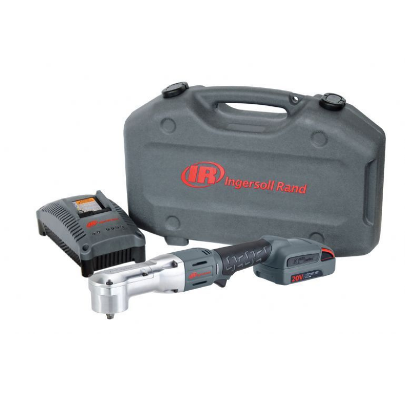 Grey and Silver Ingersoll Rand Impact Tool with red detailing and logo on the side, with 2x battery pack, charger and carry case on a white background