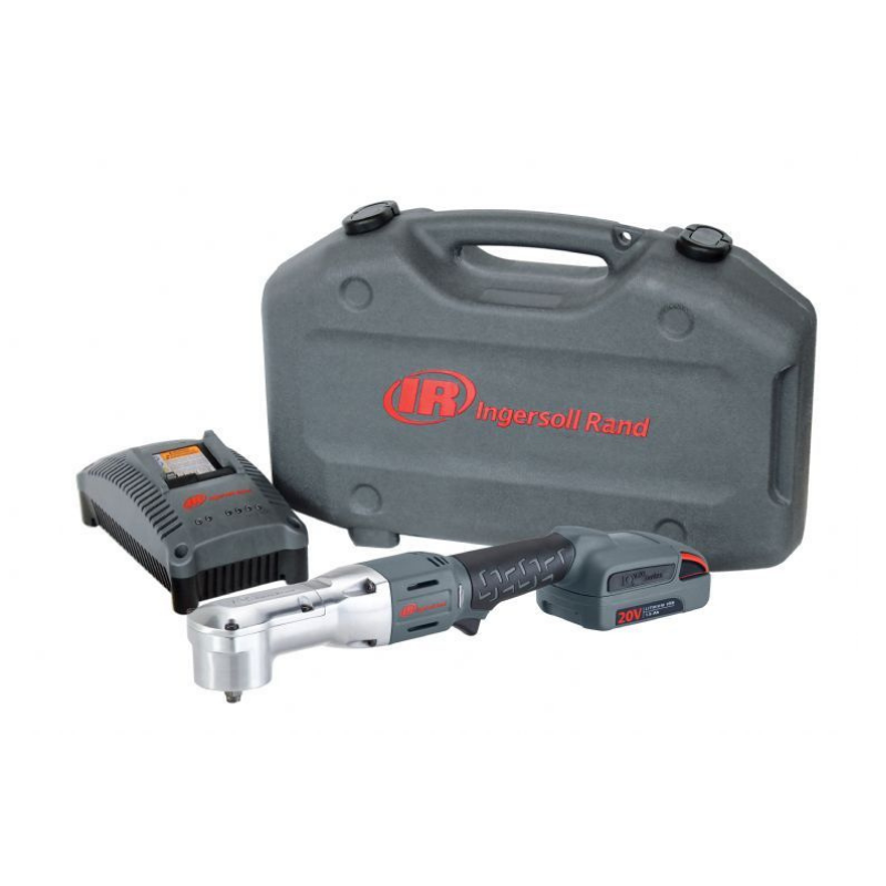 Grey and Silver Ingersoll Rand Impact Tool with red detailing and logo on the side, with 2x battery pack, charger and carry case on a white background