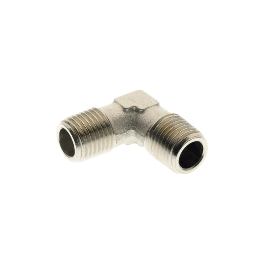 Silver Male Threaded Elbow Equal Brass Nickel Plated Fitting on a white background