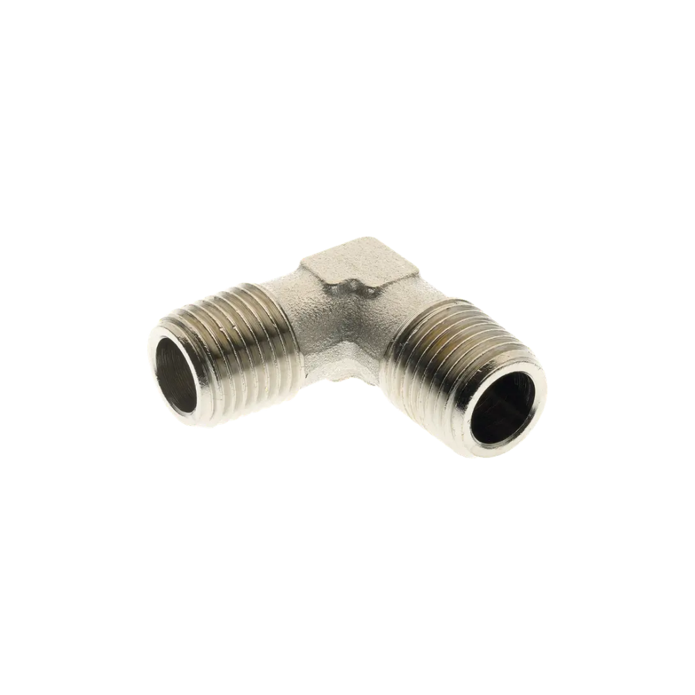 Silver Male Threaded Elbow Equal Brass Nickel Plated Fitting on a white background