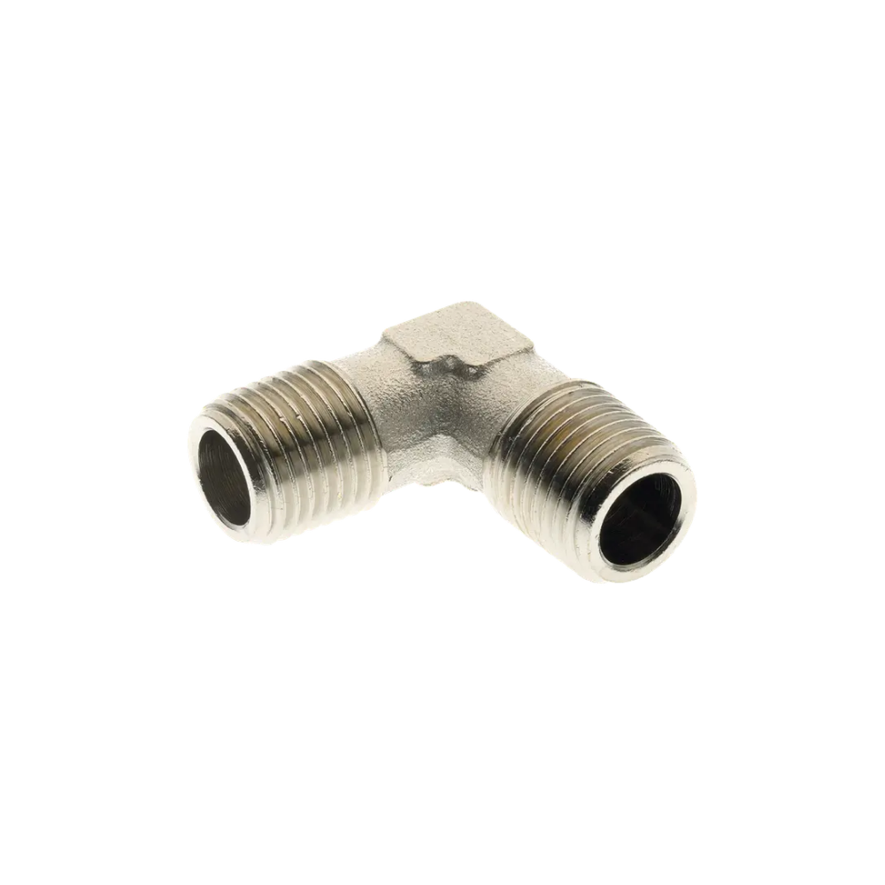 Silver Male Threaded Elbow Equal Brass Nickel Plated Fitting on a white background