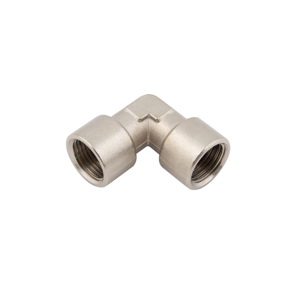 Silver Female Threaded Elbow Equal Brass Nickel Plated Fitting on a white background