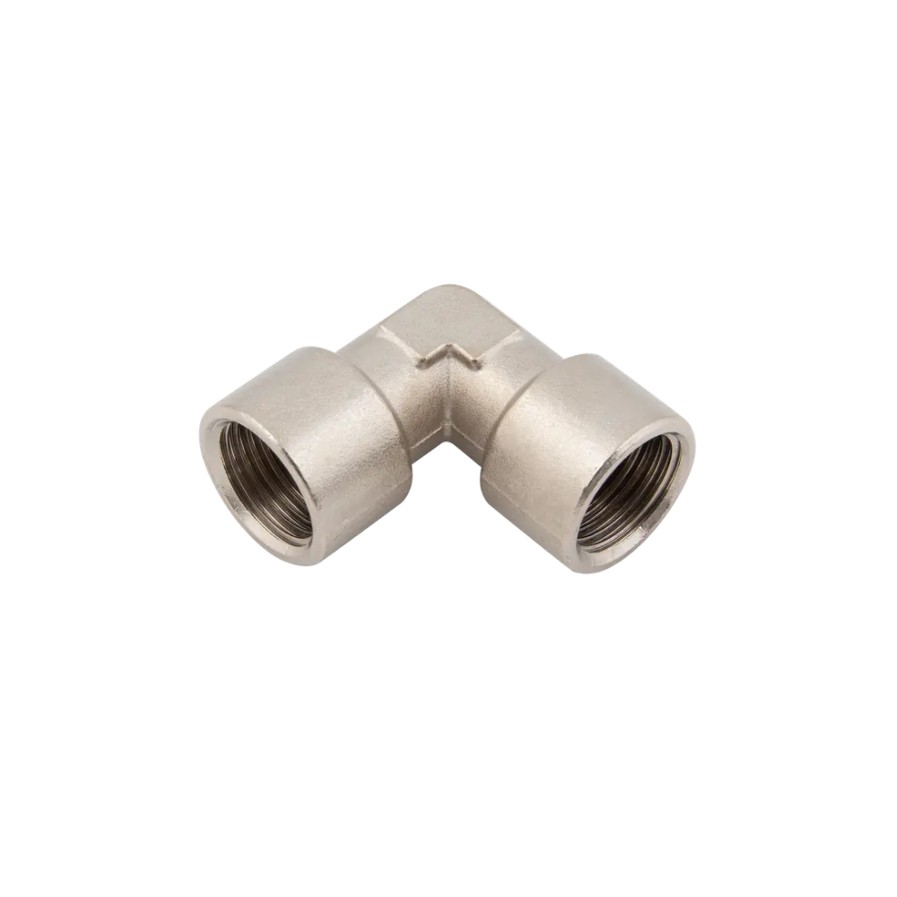 Silver Female Threaded Elbow Equal Brass Nickel Plated Fitting on a white background
