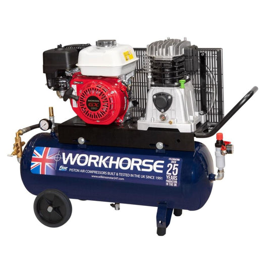 Blue Workhorse air compressor on wheels with logo on the side on a white background