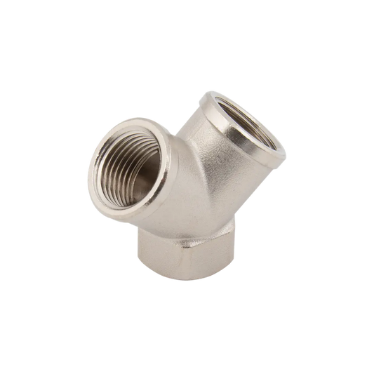 Silver Nickel Female Y Brass Fitting on a white background