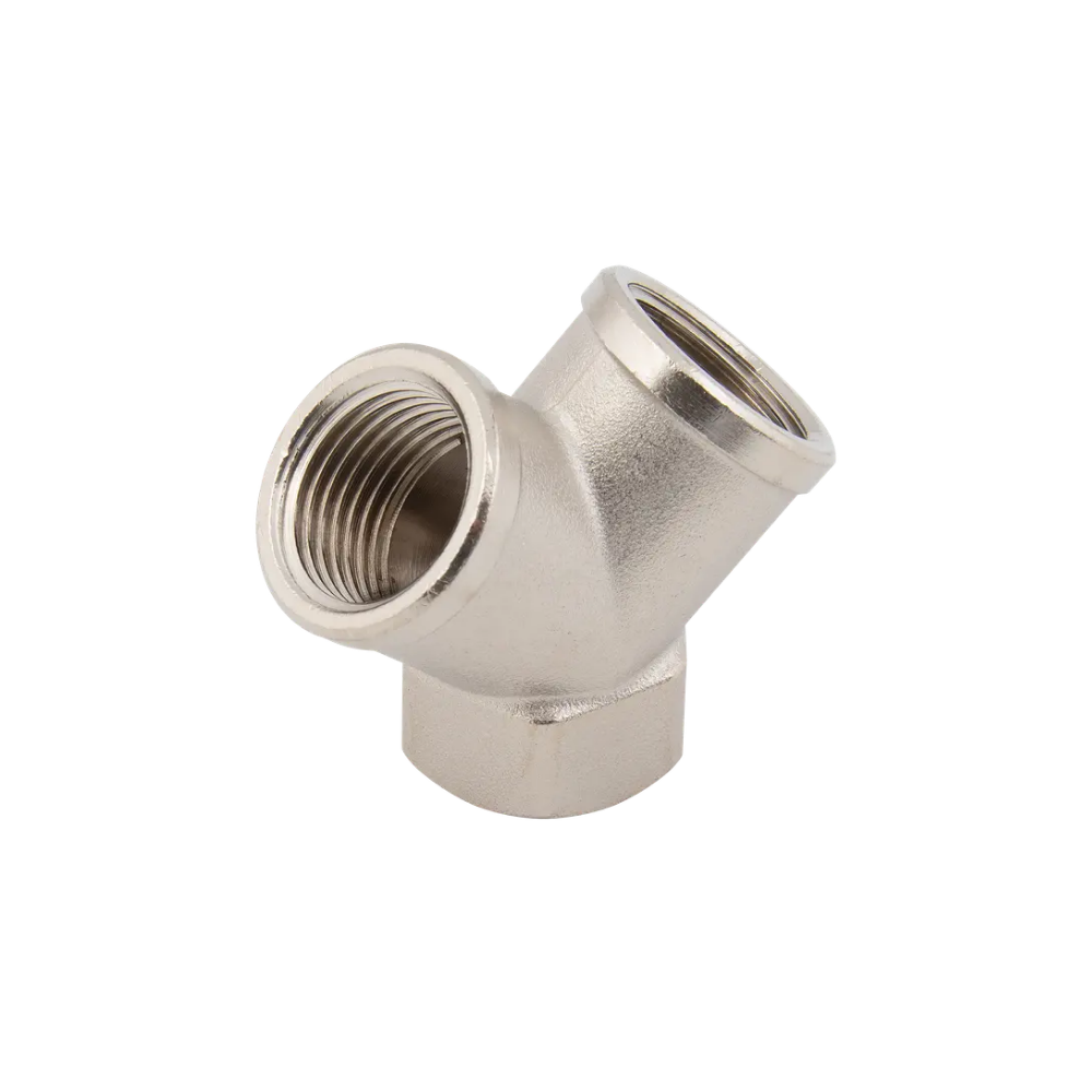 Silver Nickel Female Y Brass Fitting on a white background