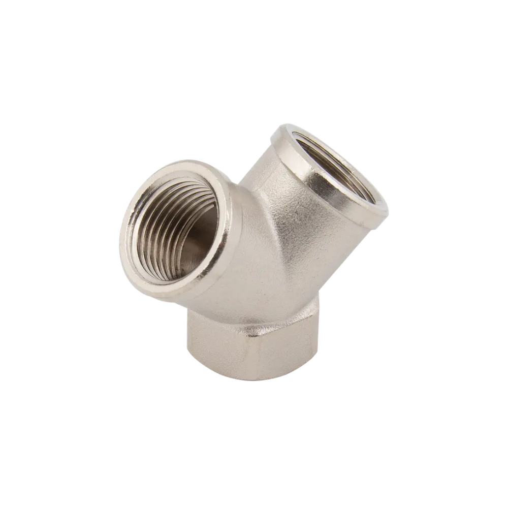 Silver Nickel Female Y Brass Fitting on a white background