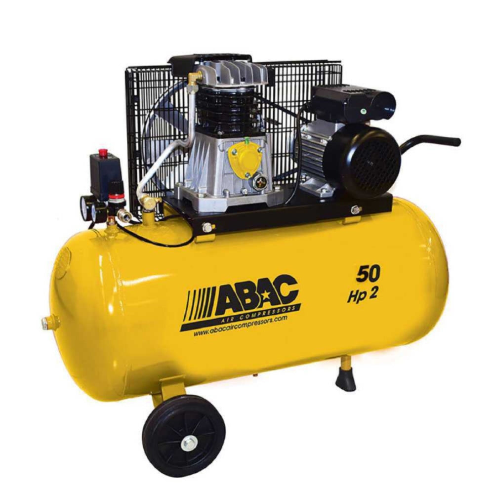 Yellow ABAC air compressor on wheels with logo on the side on a white background 