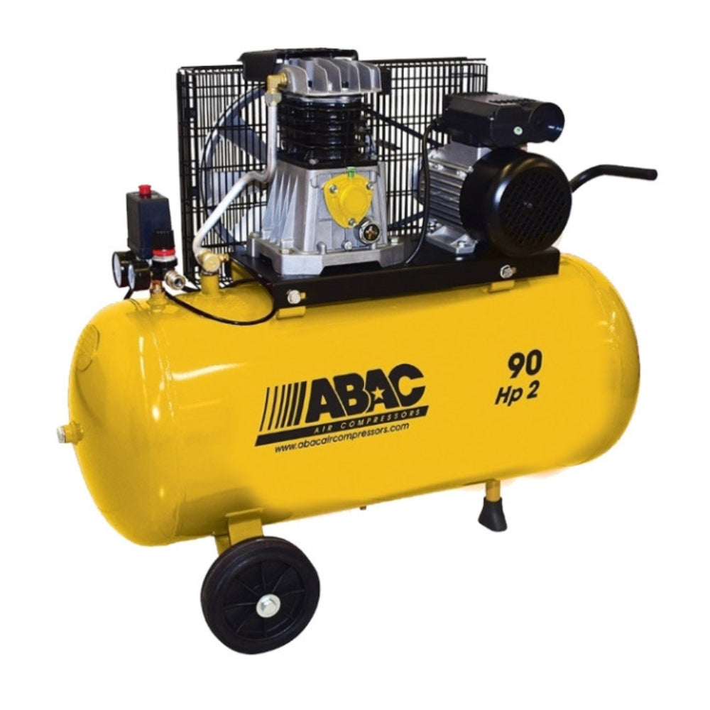 Yellow ABAC air compressor on wheels with logo on the side on a white background 