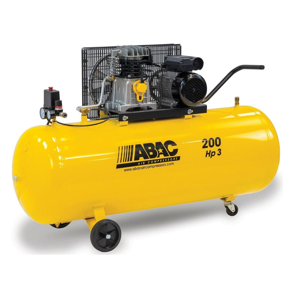 Yellow ABAC air compressor on wheels with logo on the side on a white background 