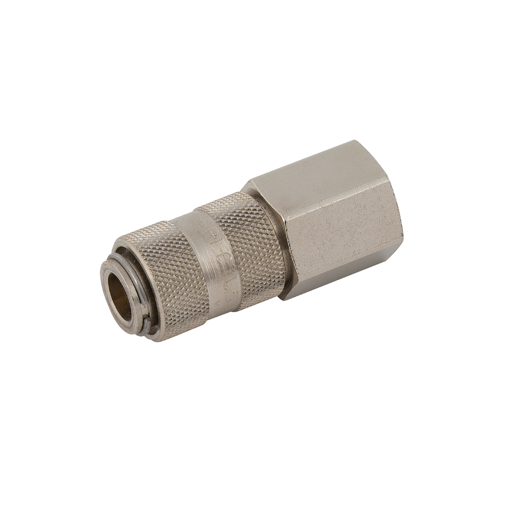 Silver Nickel Female Threaded Coupling on a white background