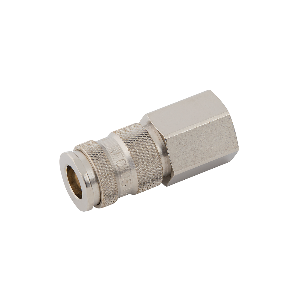 Silver Nickel Female Threaded Coupling on a white background