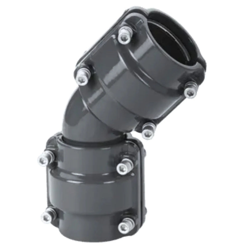 Grey Airpipe 45° Angle Equal Elbow Pipe Connector Fitting and Support, on a white background  