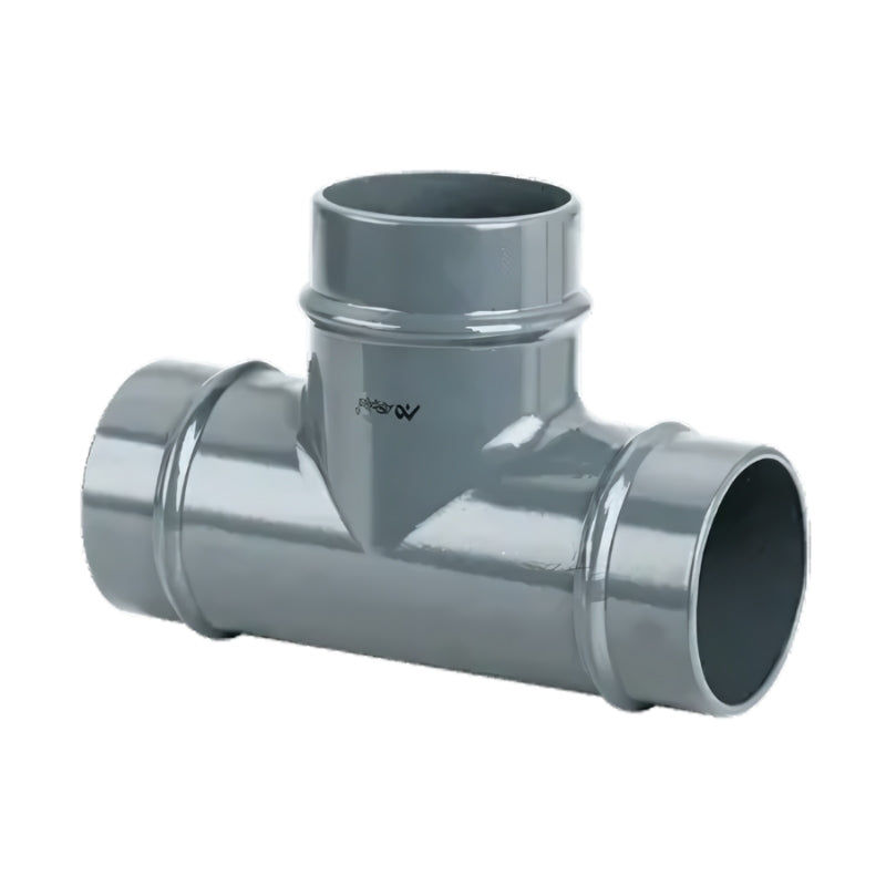 Grey Airpipe 90° Angle Lateral Tee Pipe Connector Fitting and Support, on a white background  
