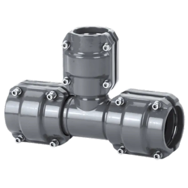 Grey Airpipe Aluminium Reducing Tee, plumbing pipe fitting and support on a white background 